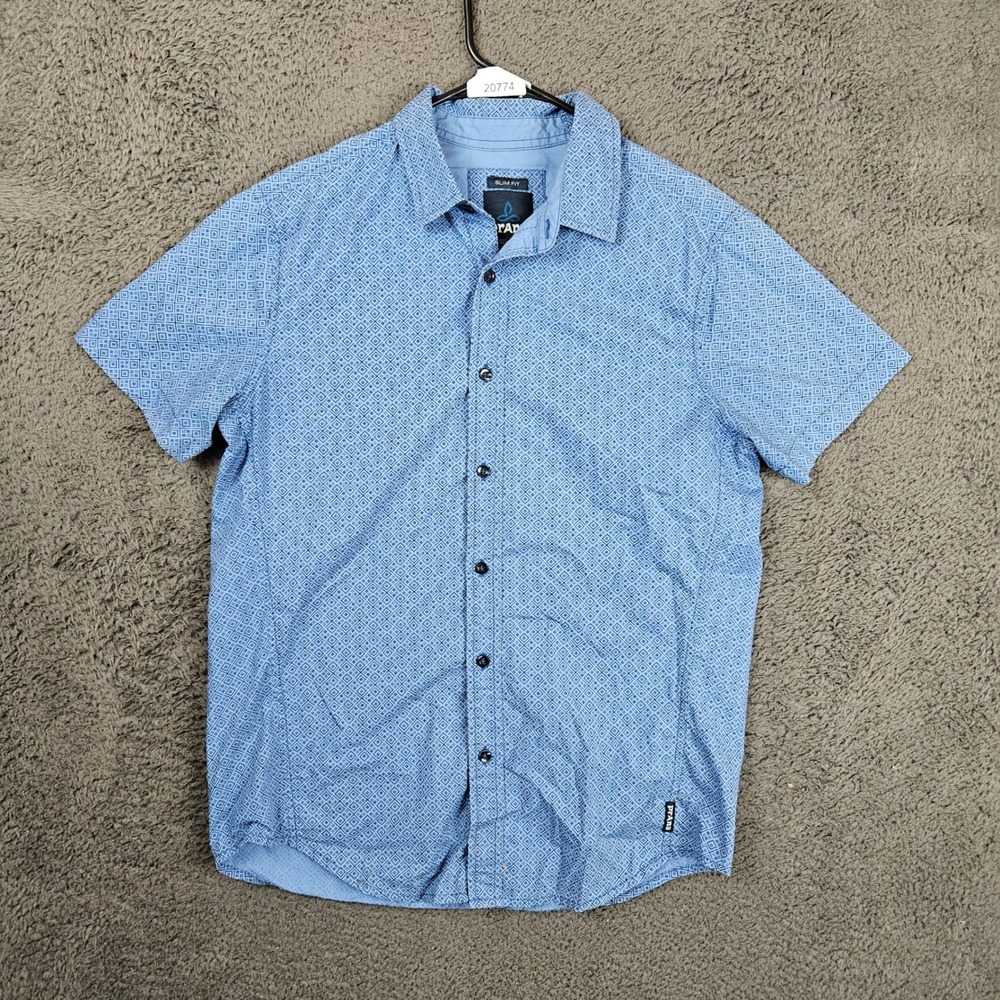 Prana Mens Small Slim Fit Short Sleeve Button Down Shirt Blue Geometric Print